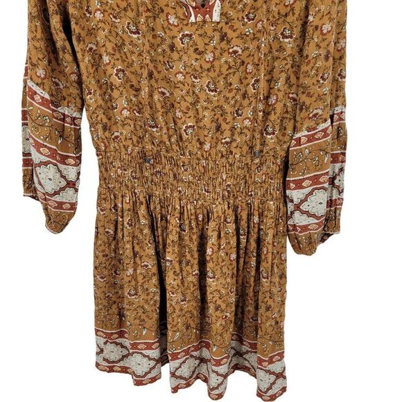 American Eagle Long Sleeve Dress Size Large Long Rust Floral Smocked Mini Boho - Picture 8 of 12